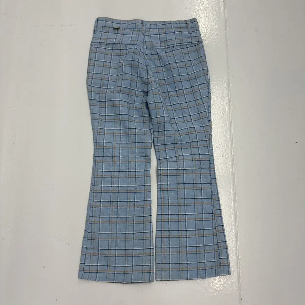 Vintage 70s Mann Blue Plaid Knit Bell Bottom Trousers 32x28